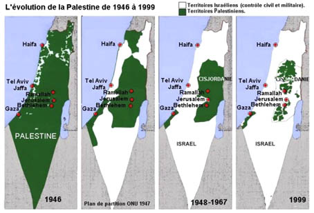 Cette carte montre lvolution en Palestine de 1946  1999. Depuis 1999, la situation sest encore aggrave. - 37.7 ko